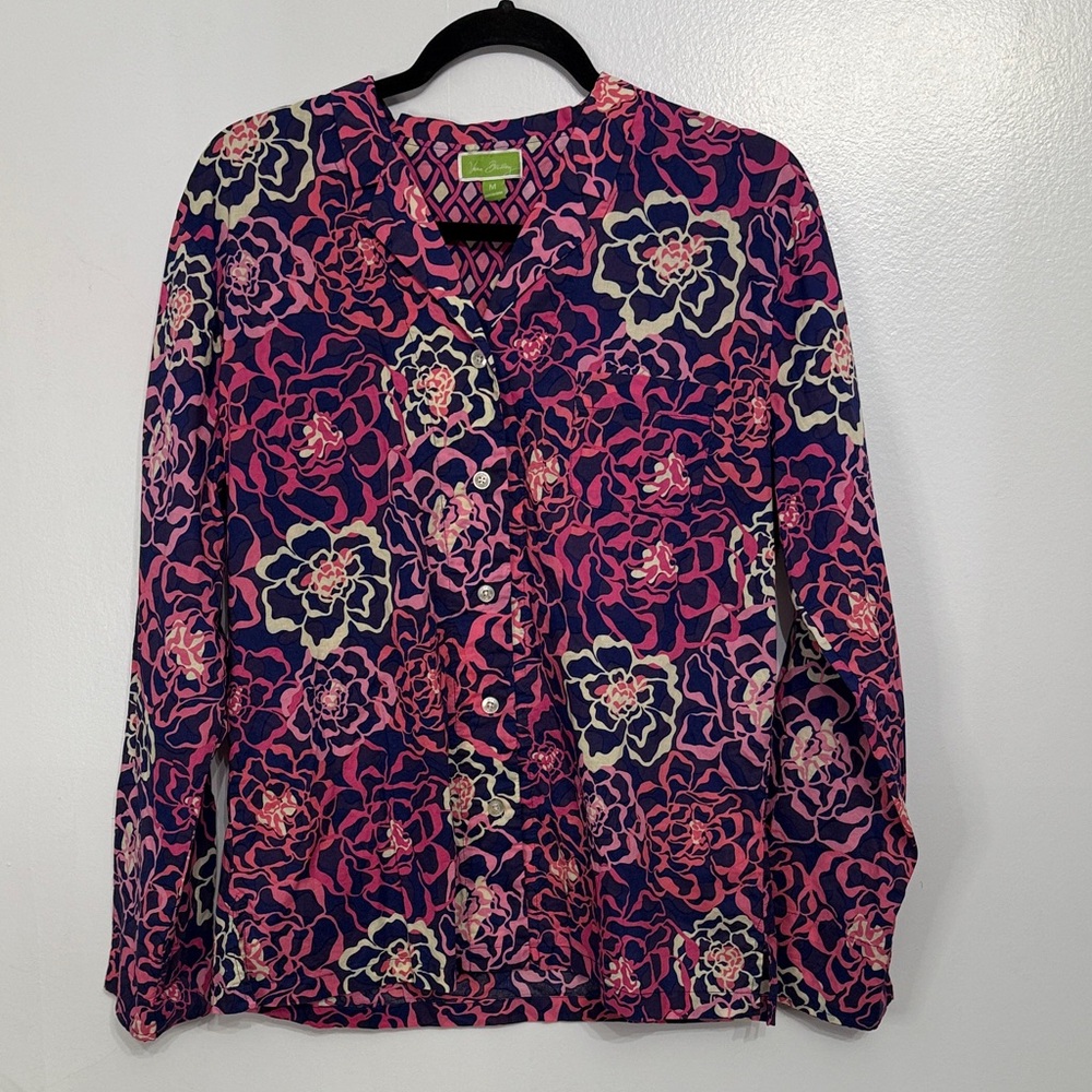 ❤️ NWOT Vera Bradley Pink Blue Floral Geometric Long Sleeve Button Up Shirt M